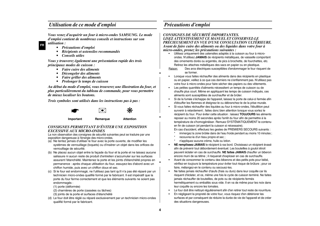 Samsung GW73C/XEF manual Utilisation de ce mode demploi, Précautions demploi, Consignes DE Sécurité Importantes 