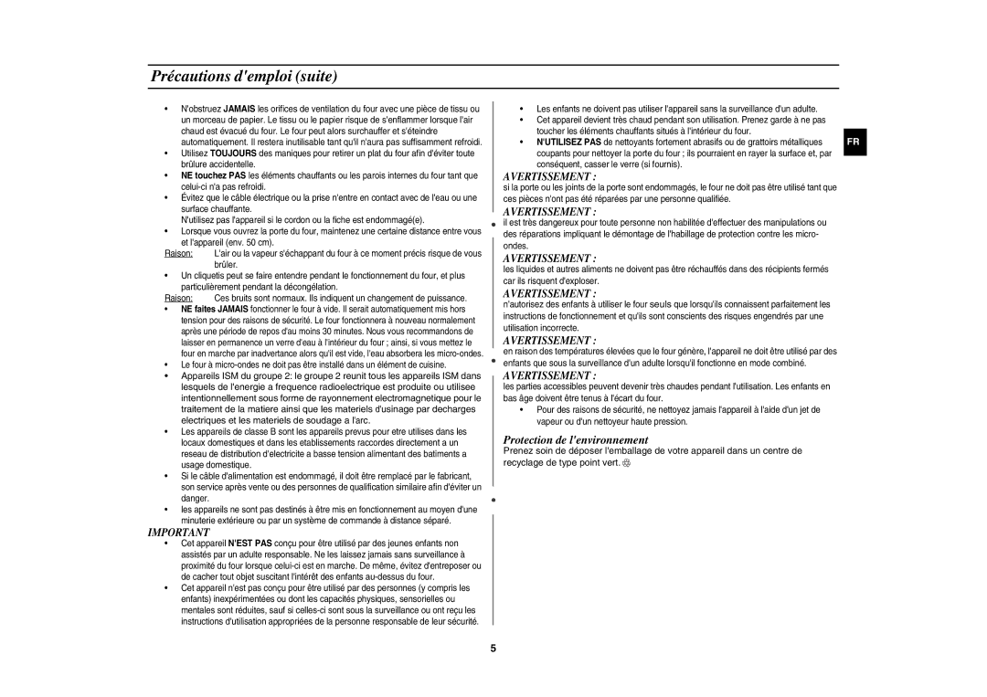 Samsung GW73C/XEF manual Précautions demploi suite, Protection de lenvironnement 