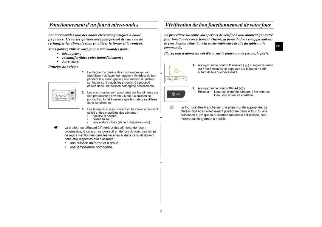 Samsung GW73C/XEF manual Fonctionnement dun four à micro-ondes, Appuyez sur le bouton Puissance et réglez la durée 