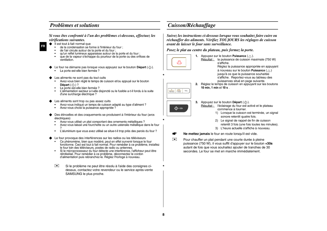Samsung GW73C/XEF manual Problèmes et solutions, Cuisson/Réchauffage 