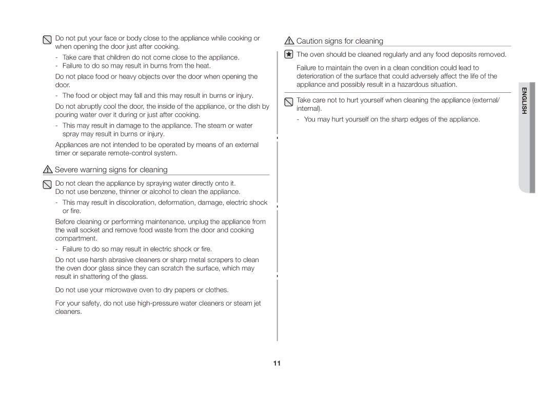 Samsung GW73C/XEH manual Severe warning signs for cleaning 