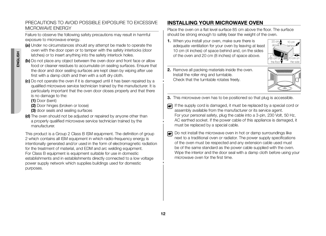 Samsung GW73C/XEH manual Installing your microwave oven 