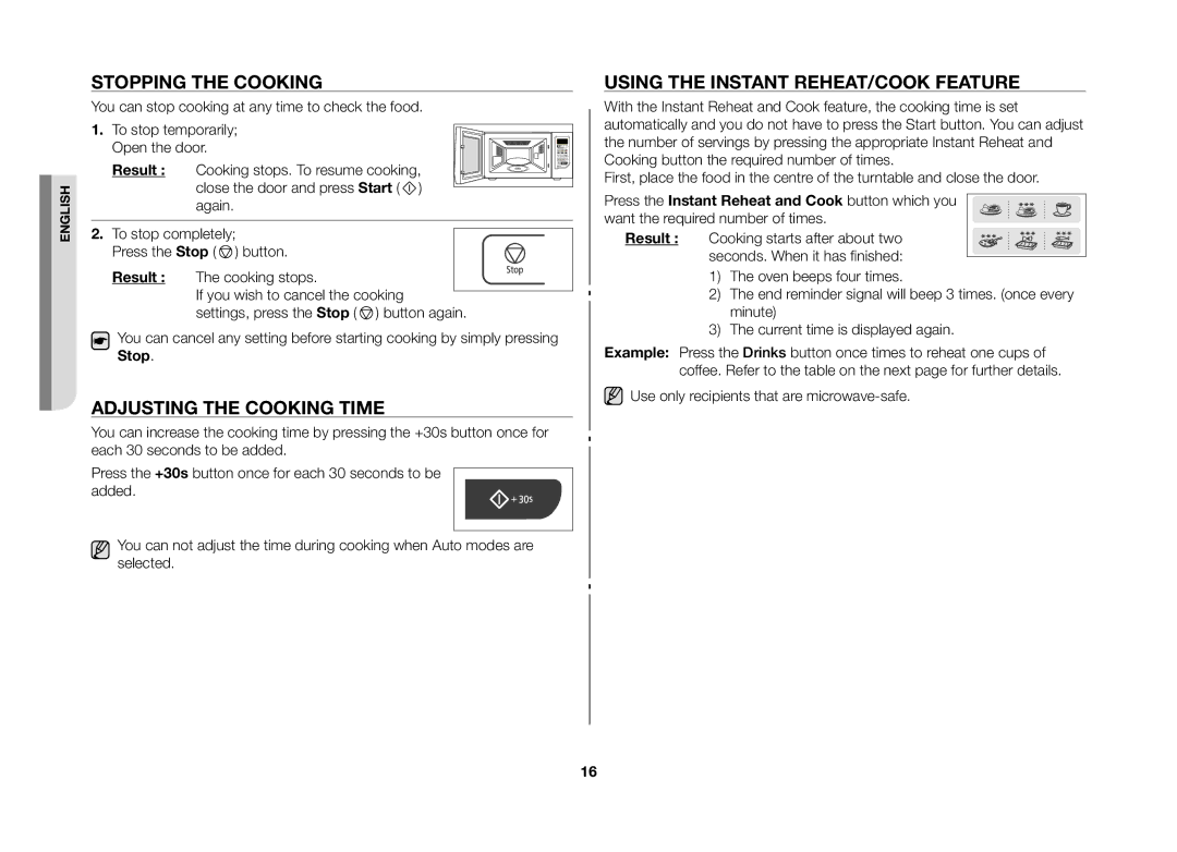 Samsung GW73C/XEH manual Stopping the cooking, Adjusting the cooking time, Using the instant reheat/cook feature, Result 