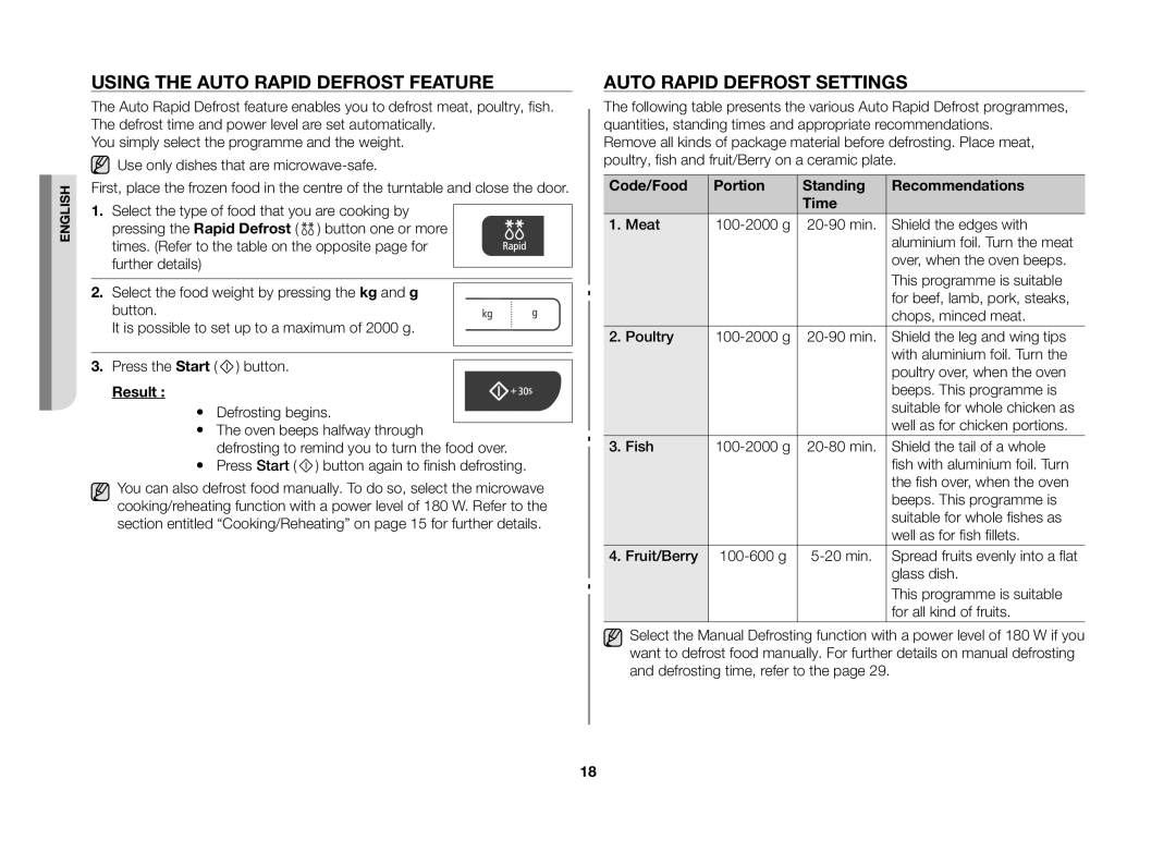 Samsung GW73C/XEH manual Using the auto rapid defrost feature, Auto rapid defrost settings 