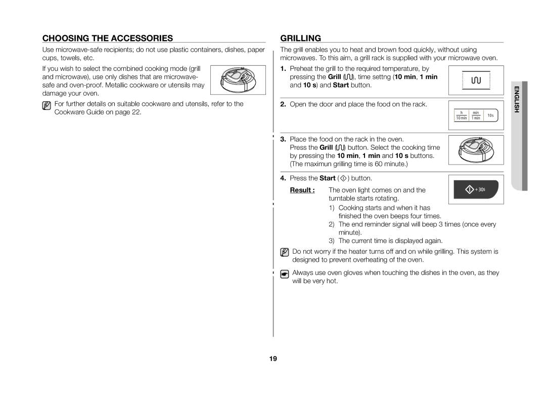 Samsung GW73C/XEH manual Choosing the accessories, Grilling 