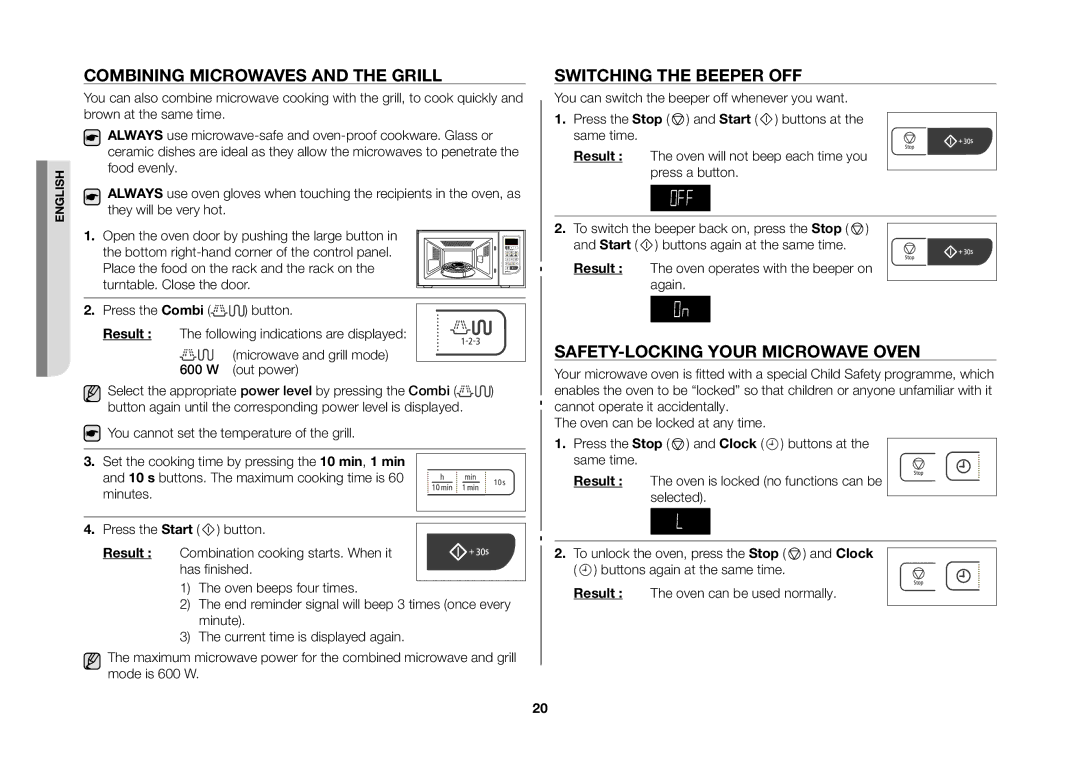 Samsung GW73C/XEH manual Combining microwaves and the grill, Switching the beeper off, Safety-locking your microwave oven 