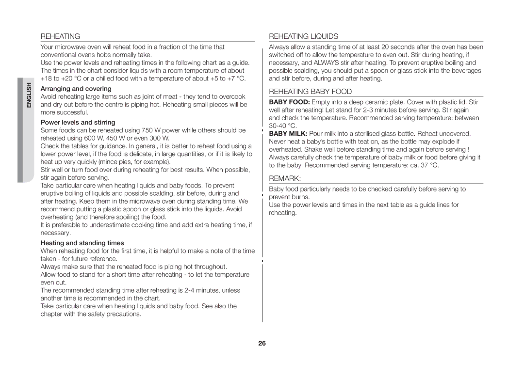 Samsung GW73C/XEH manual Reheating 