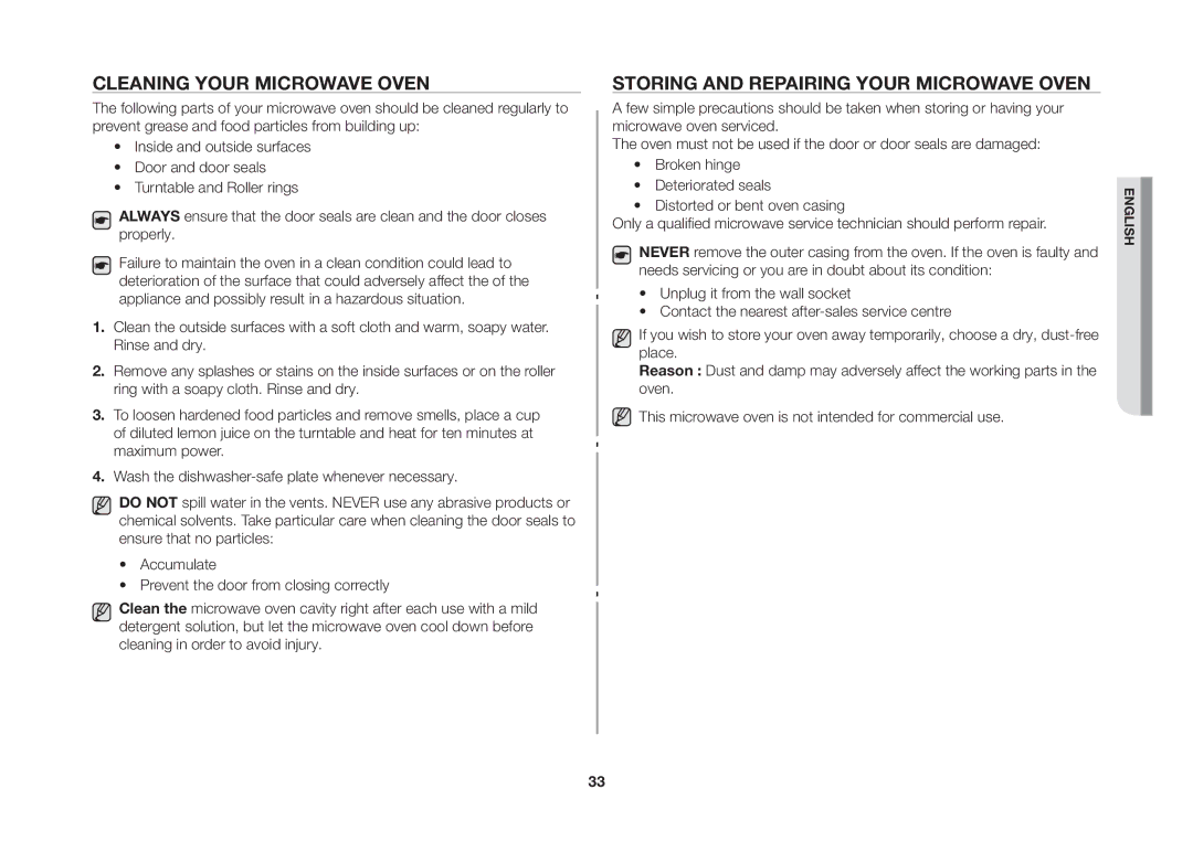 Samsung GW73C/XEH manual Cleaning your microwave oven, Storing and repairing your microwave oven 