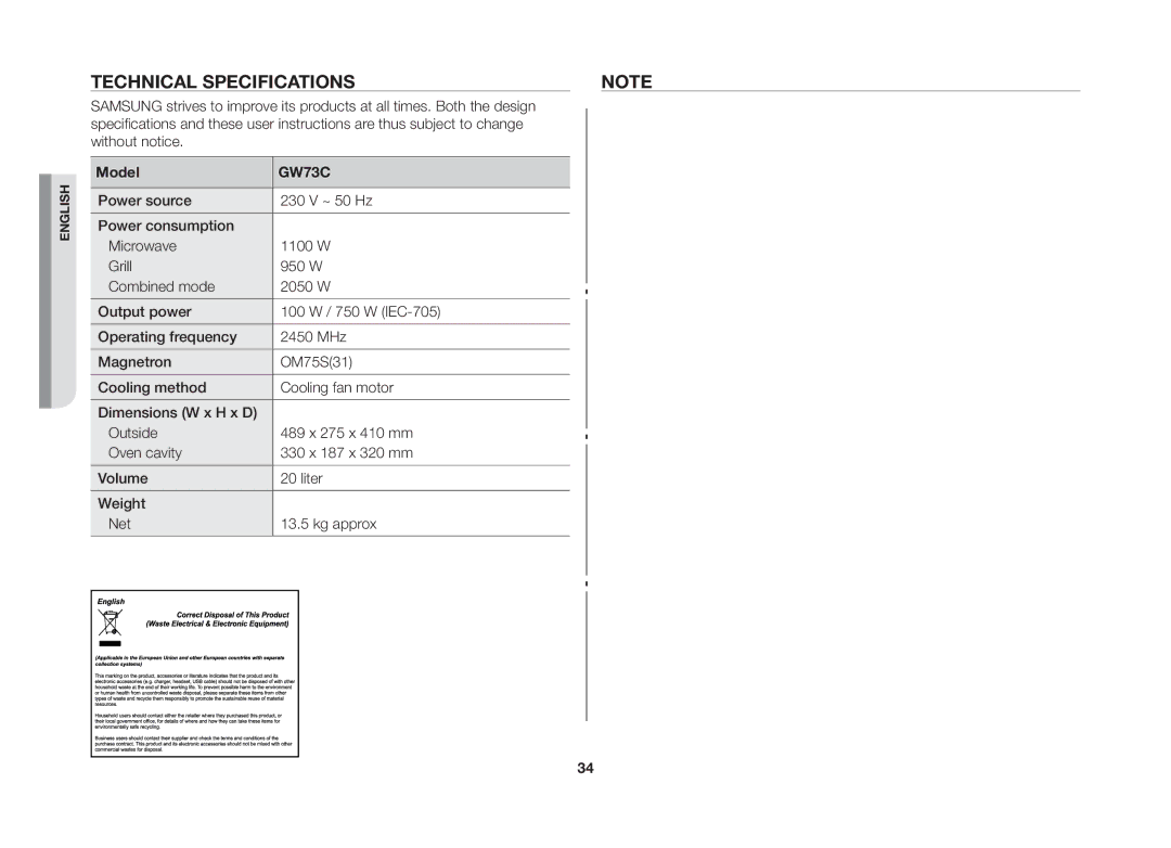 Samsung GW73C/XEH manual Technical specifications, Model 