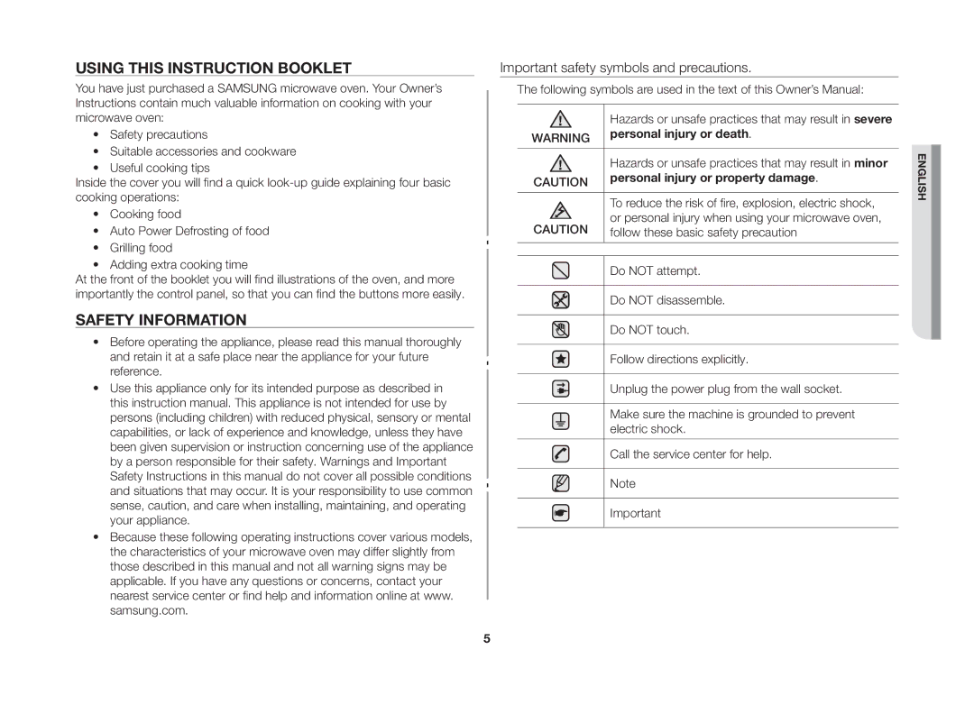 Samsung GW73C/XEH manual Using this instruction booklet, Safety information, Personal injury or death 