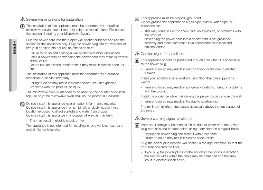 Samsung GW73C/XEH manual Severe warning signs for installation 