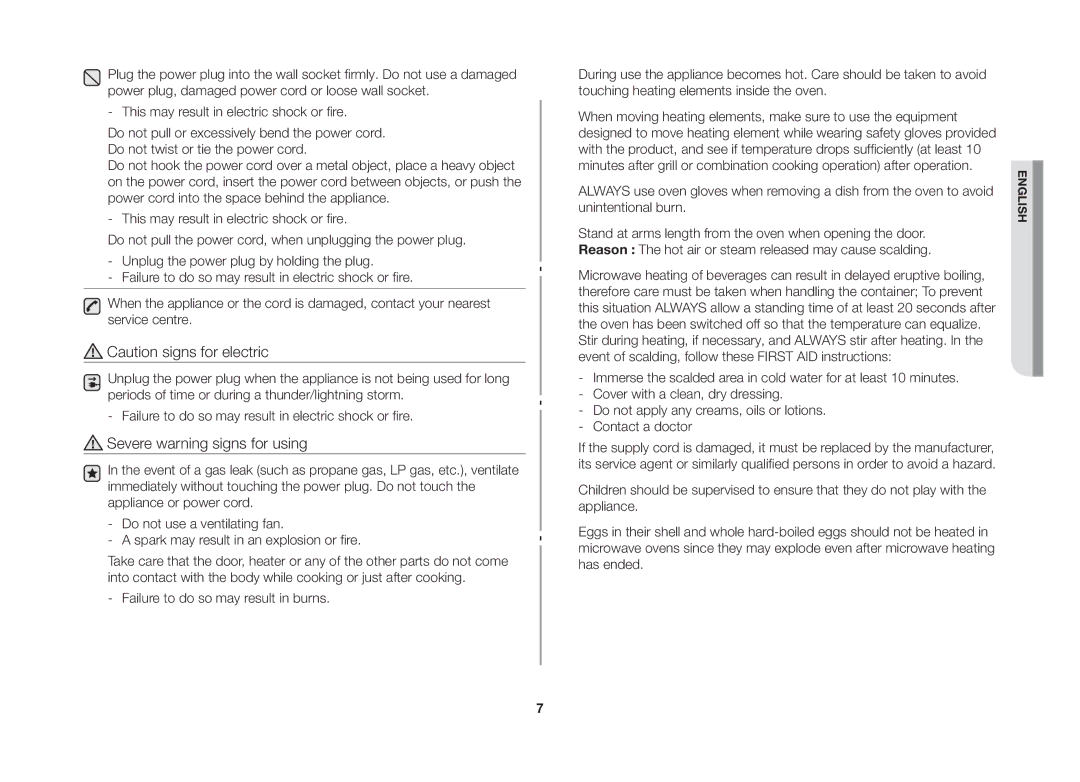 Samsung GW73C/XEH manual Severe warning signs for using 