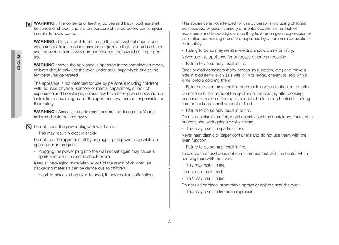 Samsung GW73C/XEH manual This may result in fire. Do not over-heat food 