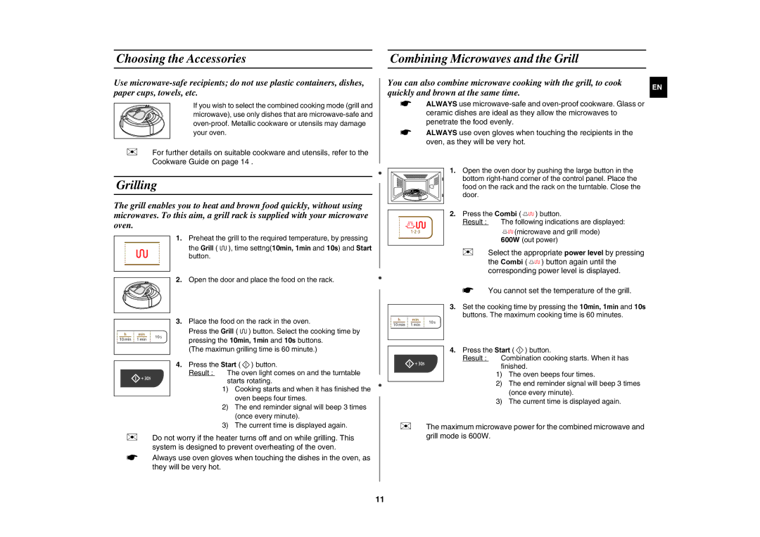 Samsung GW73C/XEH manual Choosing the Accessories Combining Microwaves and the Grill, Grilling 