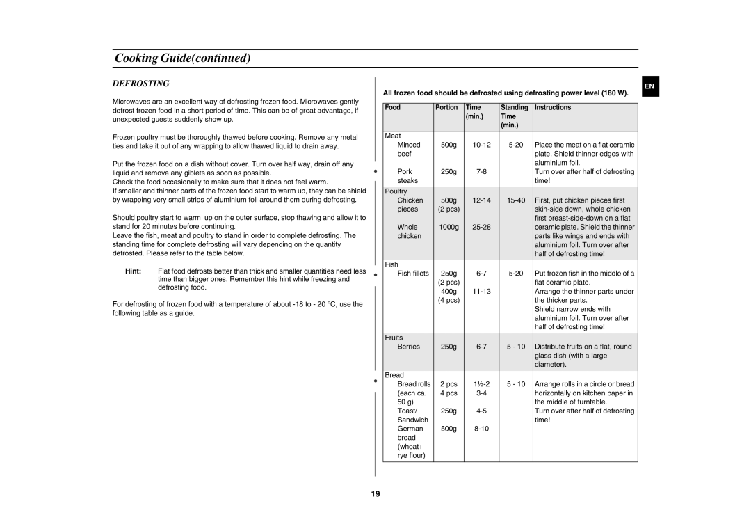 Samsung GW73C/XEH manual Defrosting 