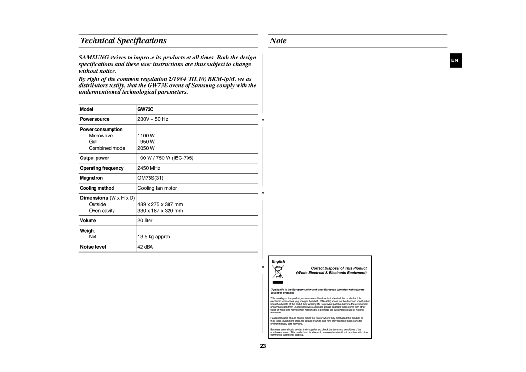 Samsung GW73C/XEH manual Technical Specifications, Noise level 