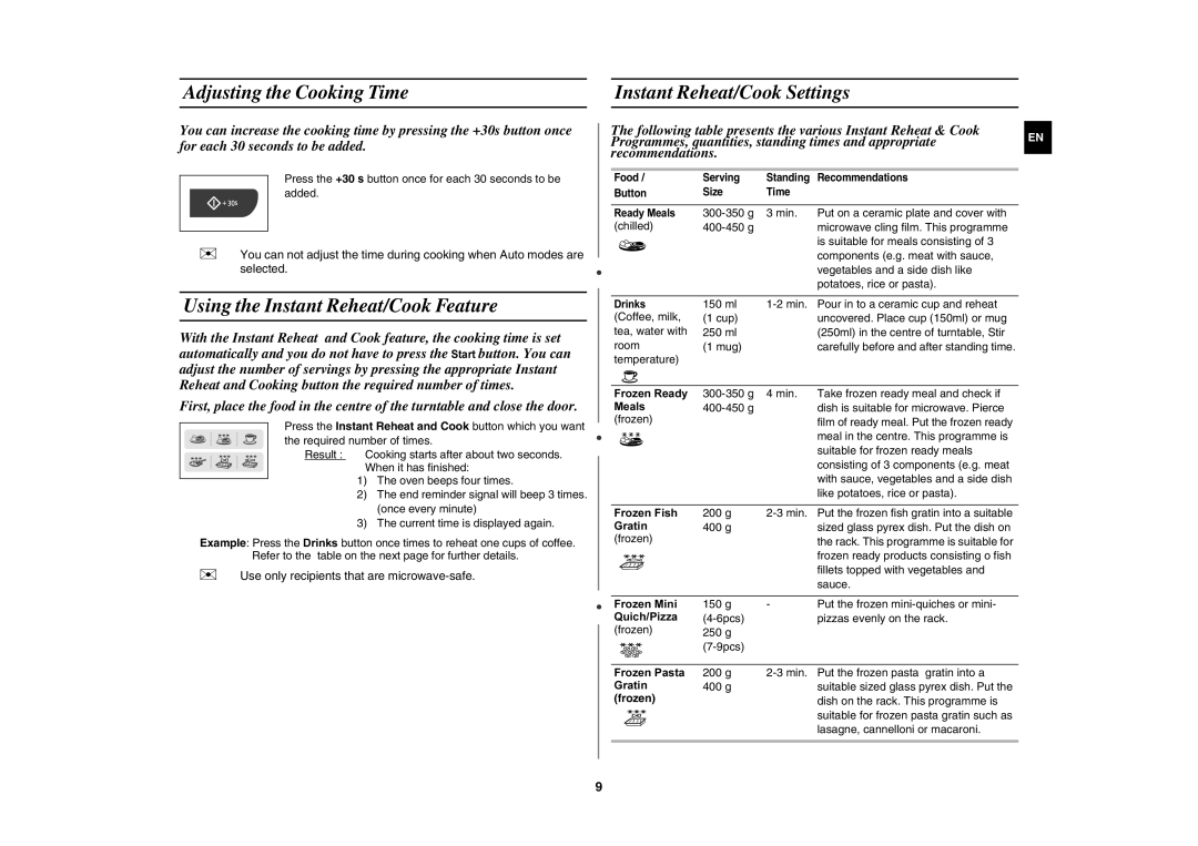 Samsung GW73C/XEH Adjusting the Cooking Time Instant Reheat/Cook Settings, Using the Instant Reheat/Cook Feature, Frozen 