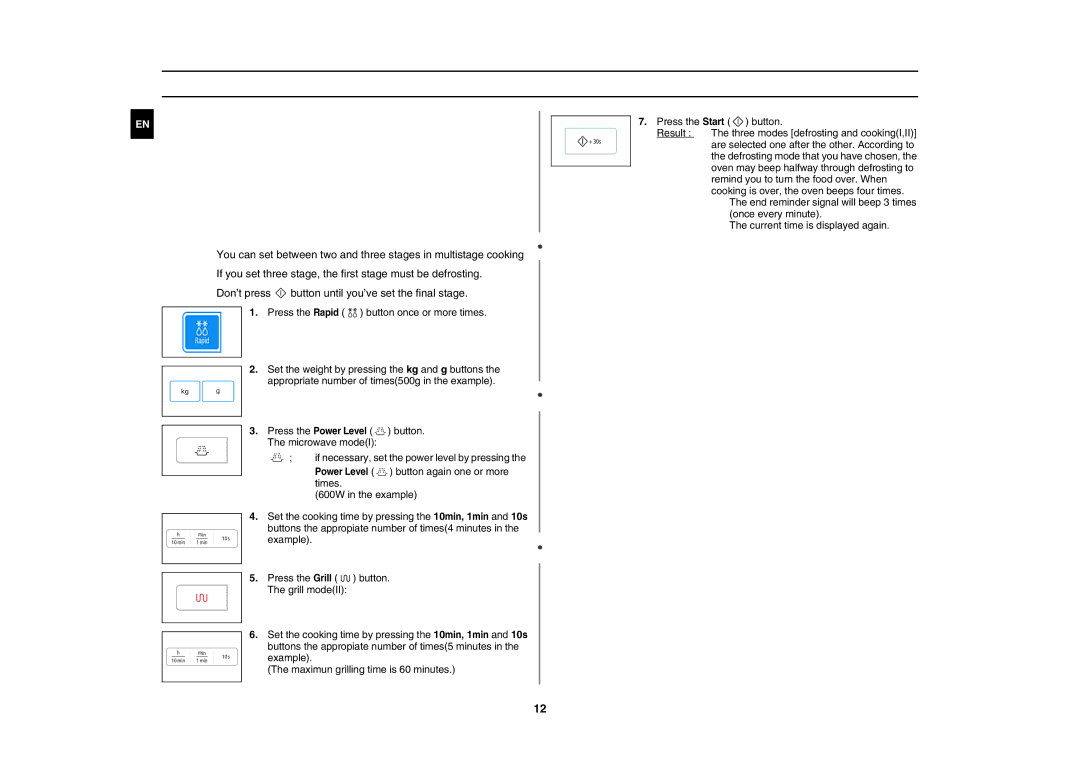 Samsung GW73E-SB/XEH, GW73E-WB/GEN, GW73E-WB/XEH, GW73E-WB/BOL manual Multistage Cooking, Example Press the Start button 