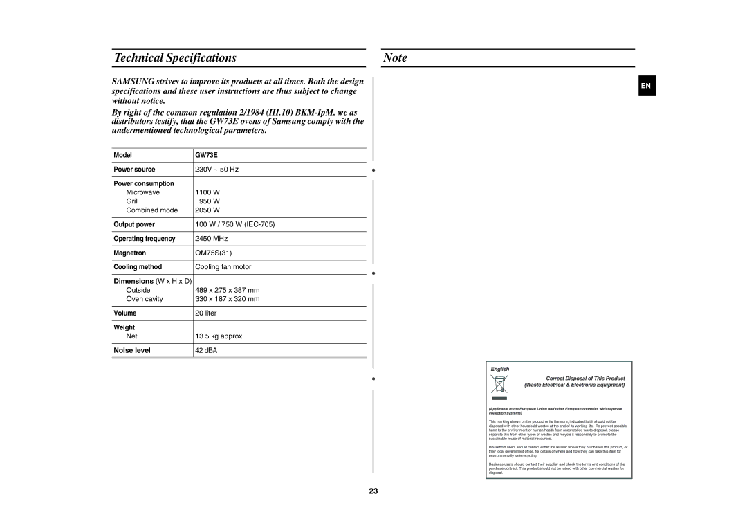 Samsung GW73E-WB/BOL, GW73E-SB/XEH, GW73E-WB/GEN, GW73E-WB/XEH manual Technical Specifications, Noise level 