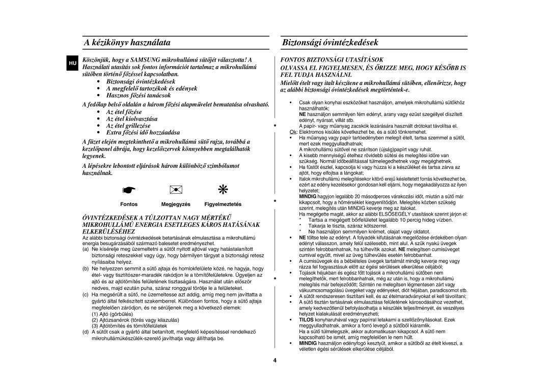 Samsung GW73E-SB/XEH, GW73E-WB/GEN, GW73E-WB/XEH manual Kézikönyv használata Biztonsági óvintézkedések, Fontos Megjegyzés 