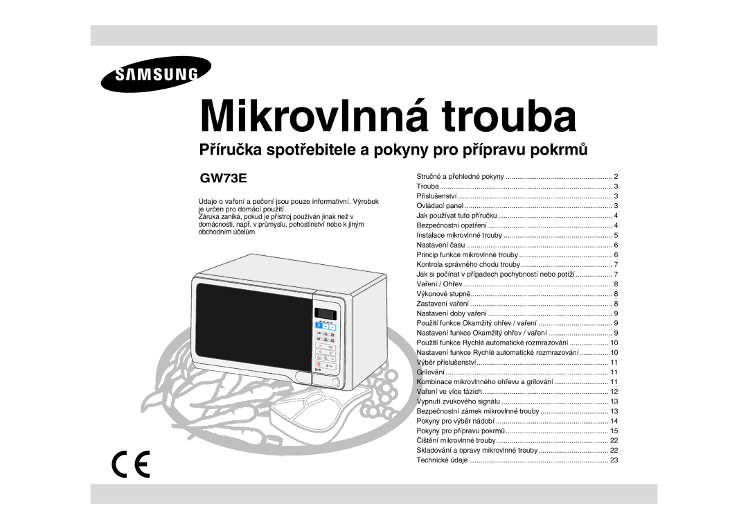 Samsung GW73E-WB/XEH, GW73E-SB/XEH manual Mikrovlnná trouba 