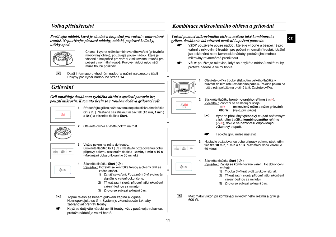 Samsung GW73E-WB/XEH, GW73E-SB/XEH manual Volba příslušenství, Grilování, Kombinace mikrovlnného ohřevu a grilování 