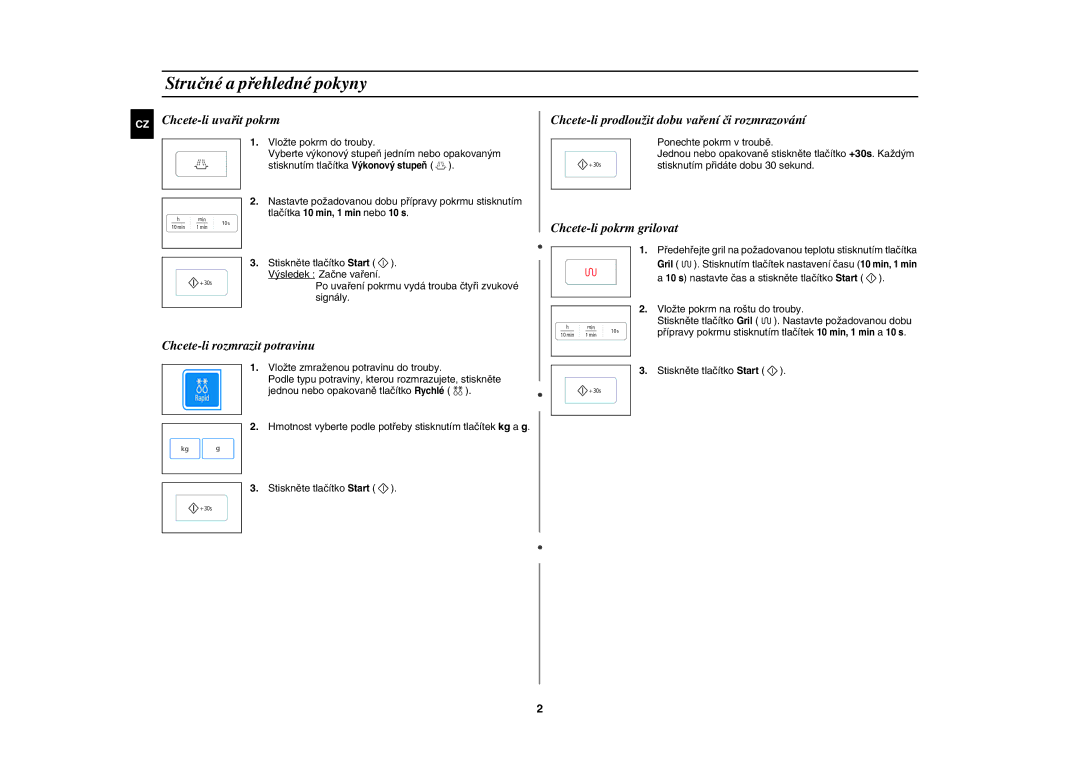 Samsung GW73E-SB/XEH, GW73E-WB/XEH manual Stručné a přehledné pokyny, Chcete-li uvařit pokrm, Chcete-li rozmrazit potravinu 