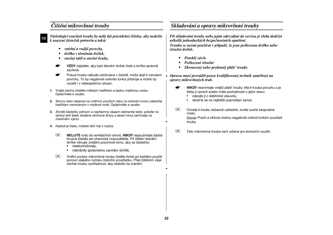 Samsung GW73E-SB/XEH, GW73E-WB/XEH manual Čištění mikrovlnné trouby, Skladování a opravy mikrovlnné trouby 