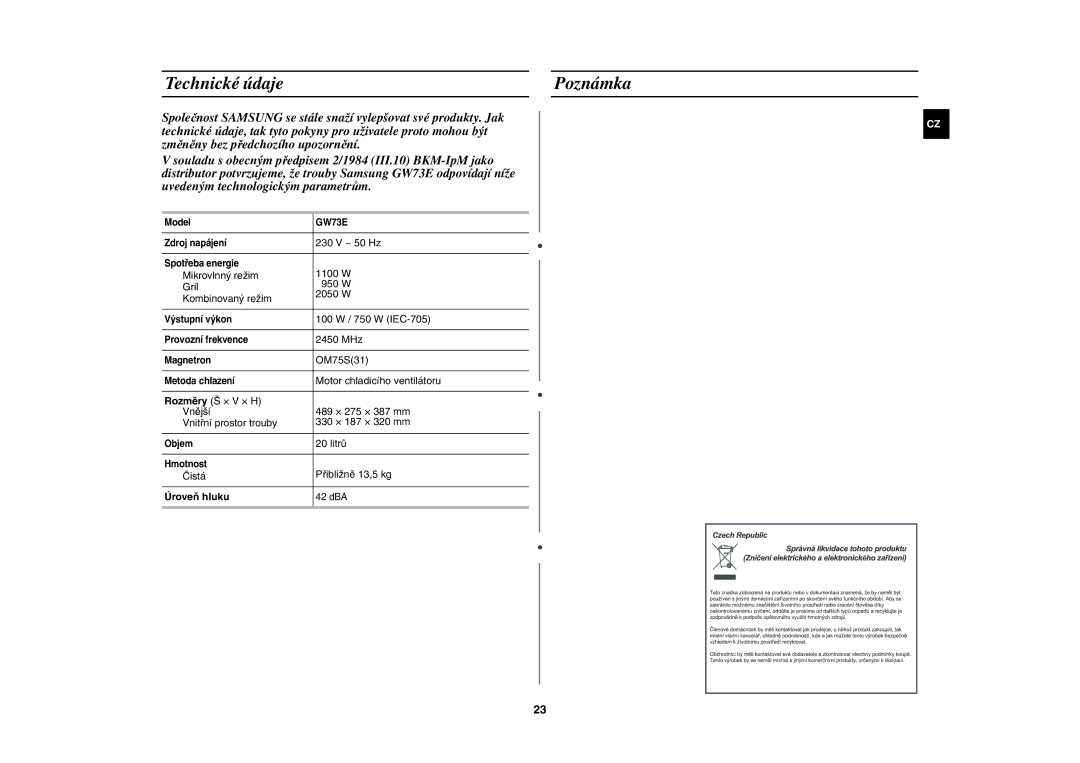 Samsung GW73E-WB/XEH, GW73E-SB/XEH manual Technické údaje Poznámka, Úroveň hluku 