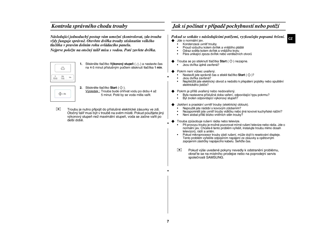 Samsung GW73E-WB/XEH, GW73E-SB/XEH manual Kontrola správného chodu trouby, Jak si počínat v případě pochybností nebo potíží 