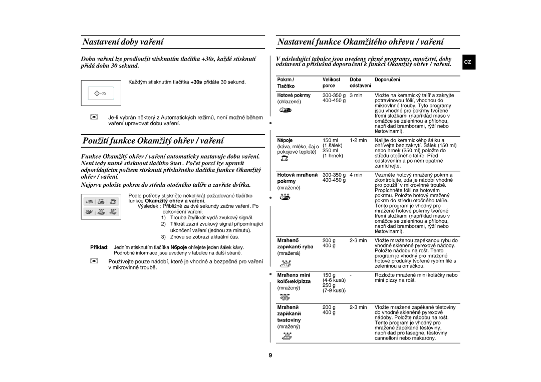 Samsung GW73E-WB/XEH, GW73E-SB/XEH manual Nastavení doby vaření, Použití funkce Okamžitý ohřev / vaření 