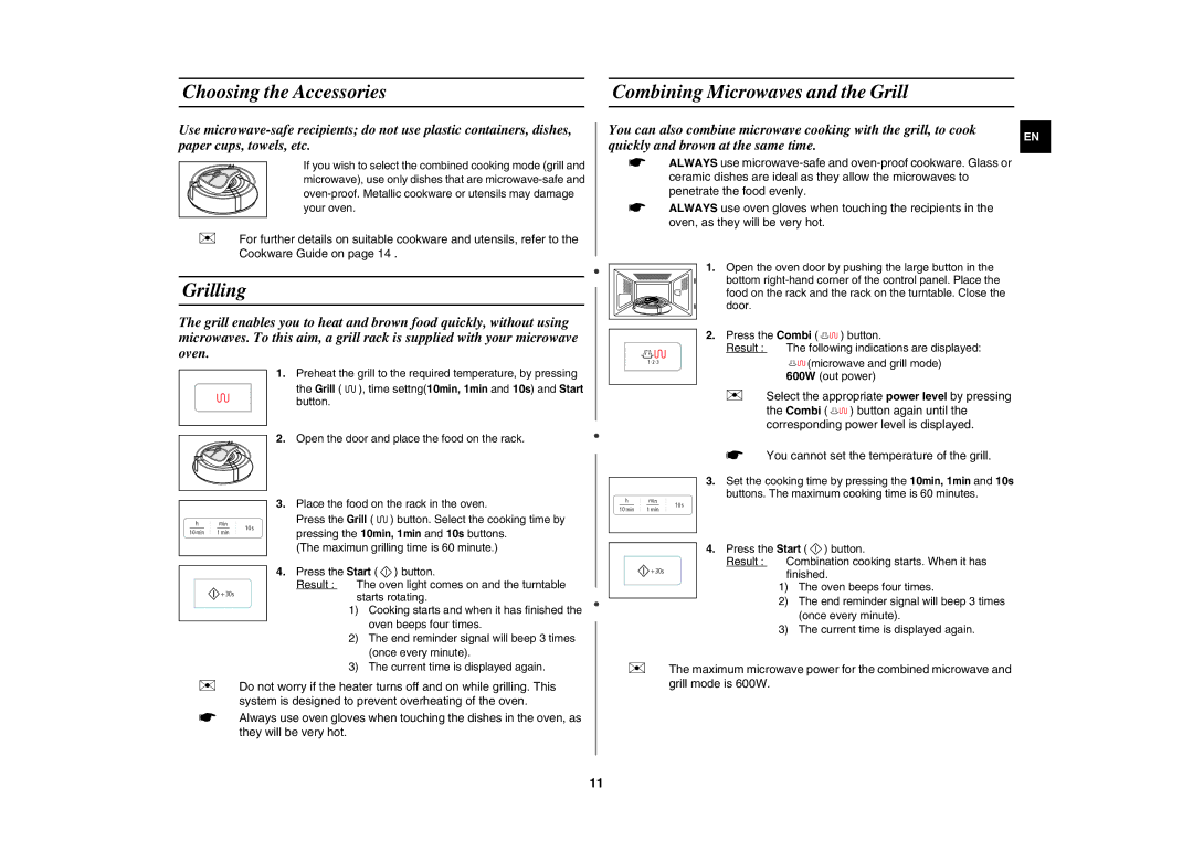 Samsung GW73E-SB/XEH manual Choosing the Accessories Combining Microwaves and the Grill, Grilling 