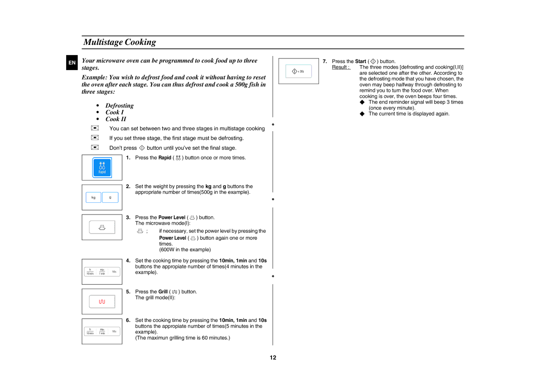 Samsung GW73E-SB/XEH manual Multistage Cooking, Example Press the Start button 