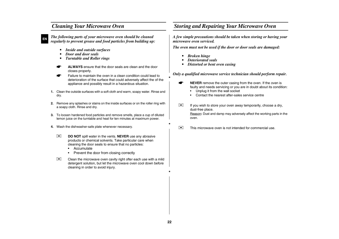 Samsung GW73E-SB/XEH manual Cleaning Your Microwave Oven, Storing and Repairing Your Microwave Oven 