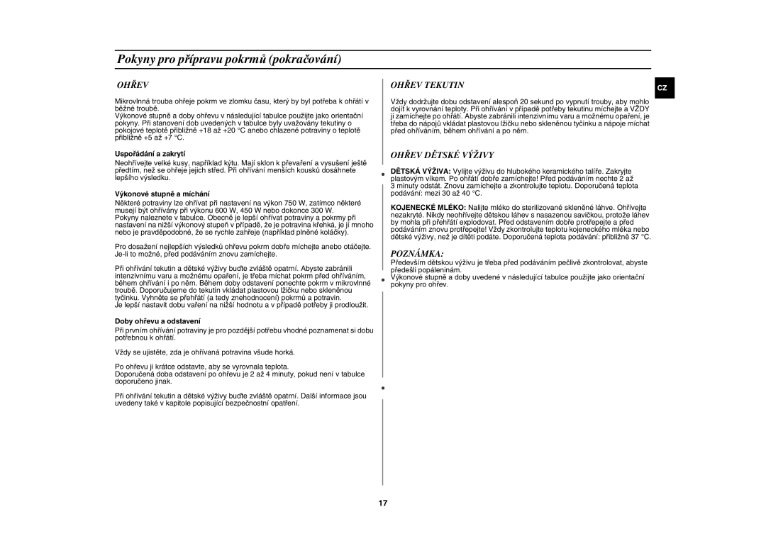 Samsung GW73E-SB/XEH manual Ohřev Tekutin, Ohřev Dětské Výživy, Poznámka 