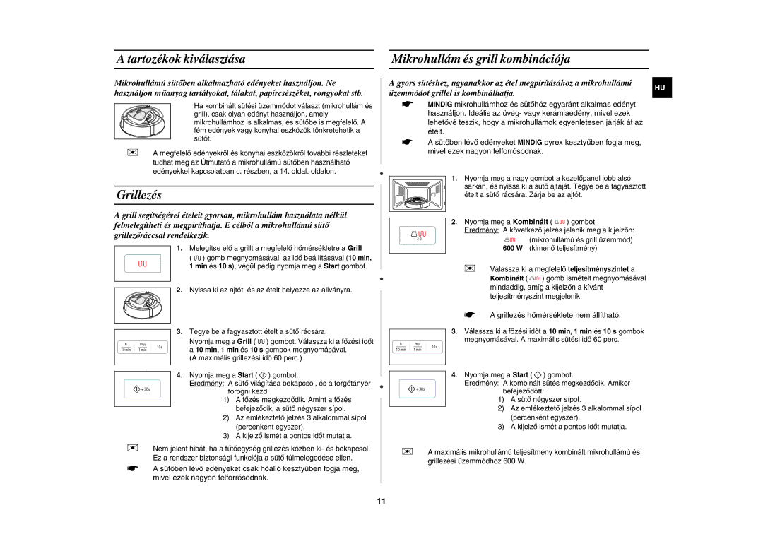 Samsung GW73E-SB/XEH manual Tartozékok kiválasztása, Grillezés, Mikrohullám és grill kombinációja 