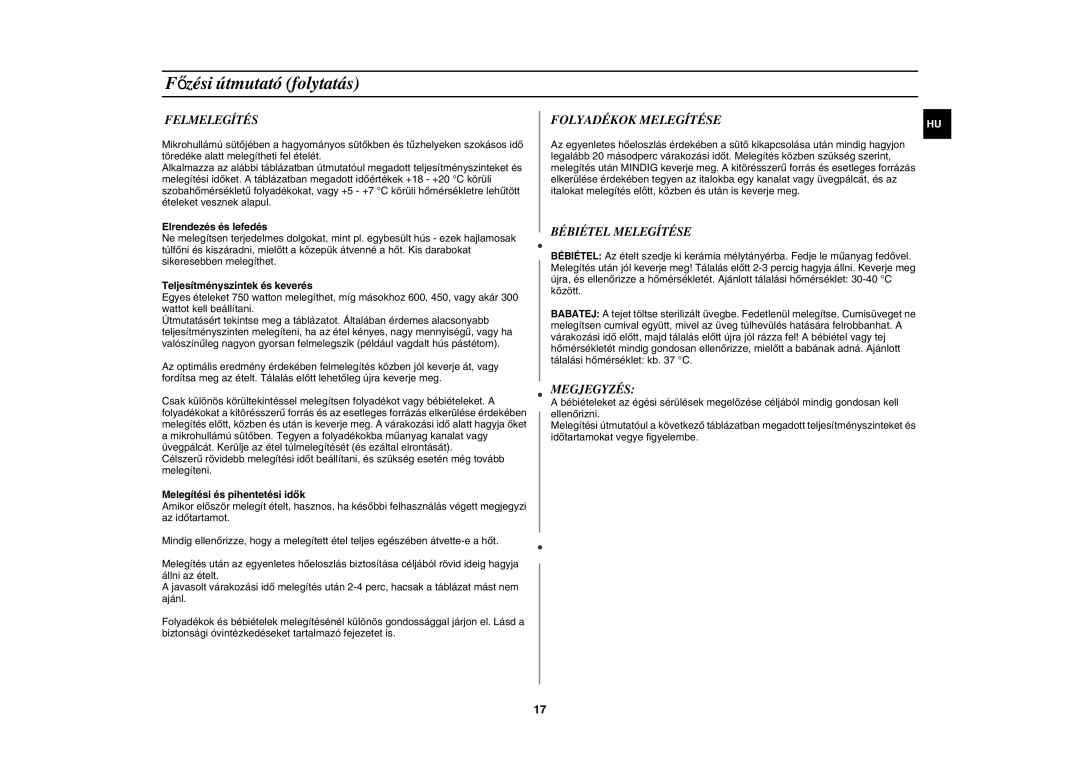 Samsung GW73E-SB/XEH manual Felmelegítés, Bébiétel Melegítése, Megjegyzés 