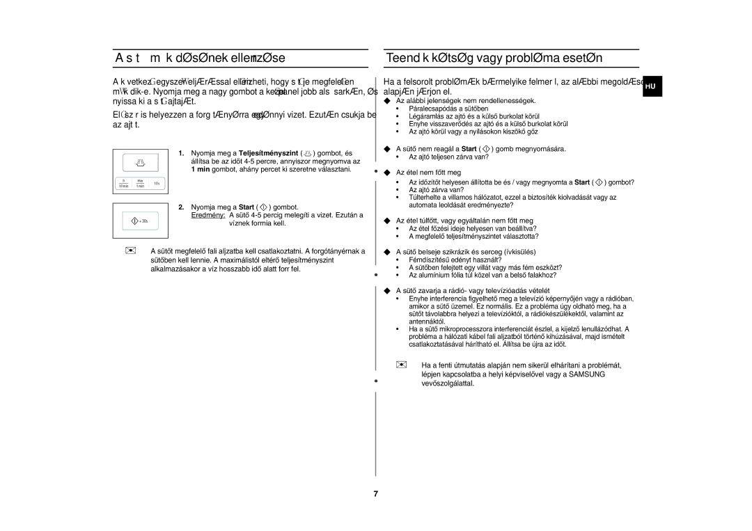 Samsung GW73E-SB/XEH manual Sütő működésének ellenőrzése, Teendők kétség vagy probléma esetén 