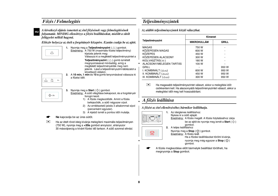 Samsung GW73E-SB/XEH manual Főzés / Felmelegítés, Teljesítményszintek, Főzés leállítása 