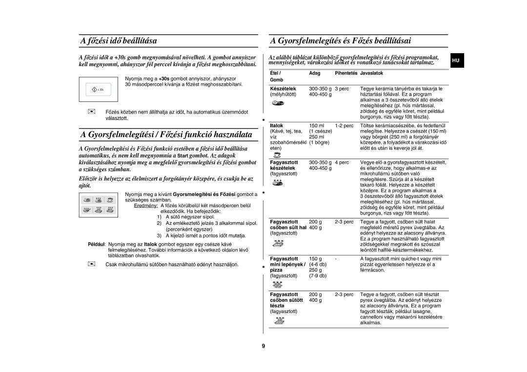 Samsung GW73E-SB/XEH manual Főzési idő beállítása, Gyorsfelmelegítési / Főzési funkció használata 