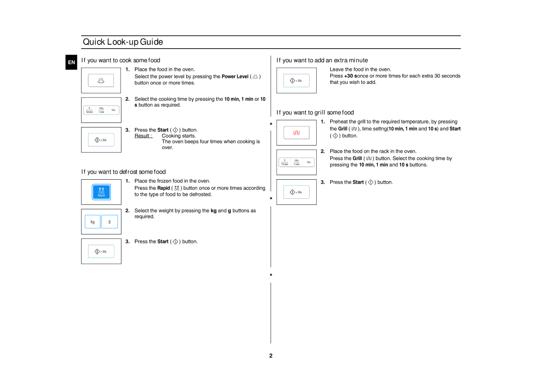 Samsung GW73E-WB/BOL, GW73E-WB/GEN, GW73E-WB/XEH manual Quick Look-up Guide, EN If you want to cook some food 