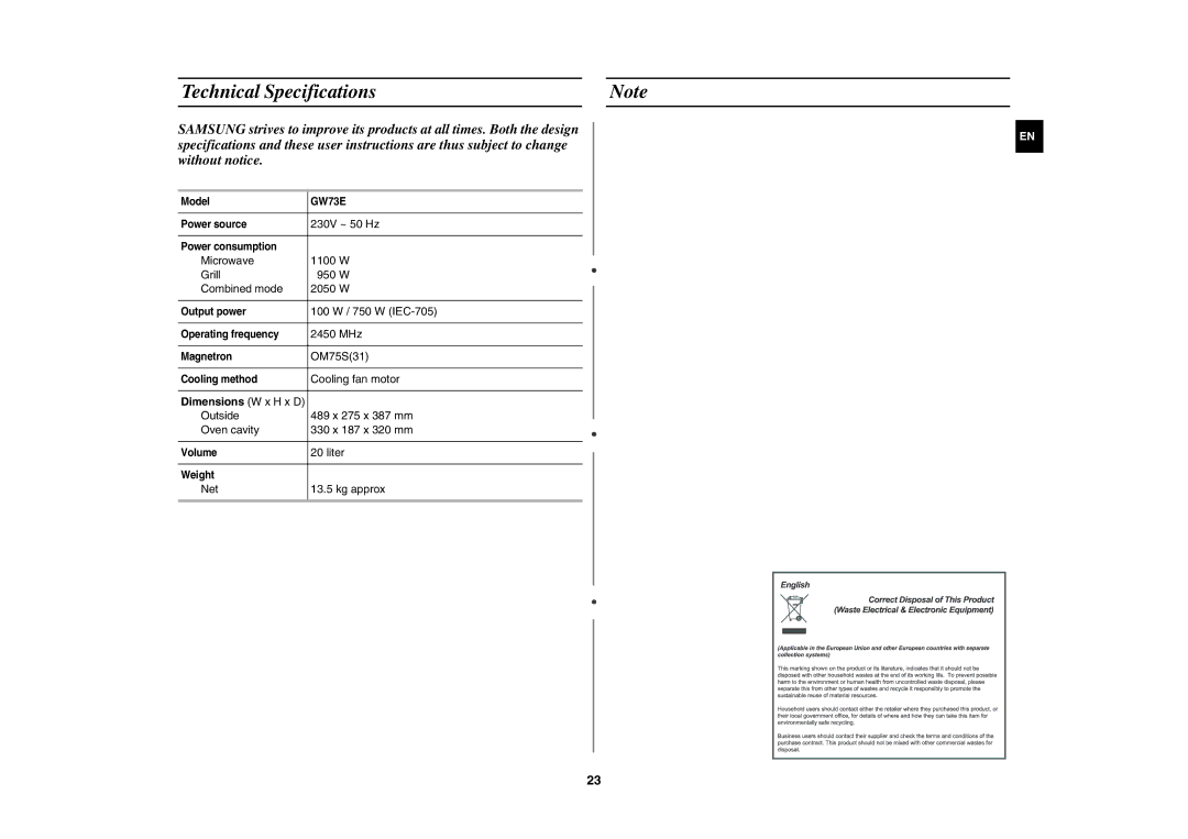 Samsung GW73E-WB/BOL, GW73E-WB/GEN, GW73E-WB/XEH manual Technical Specifications 