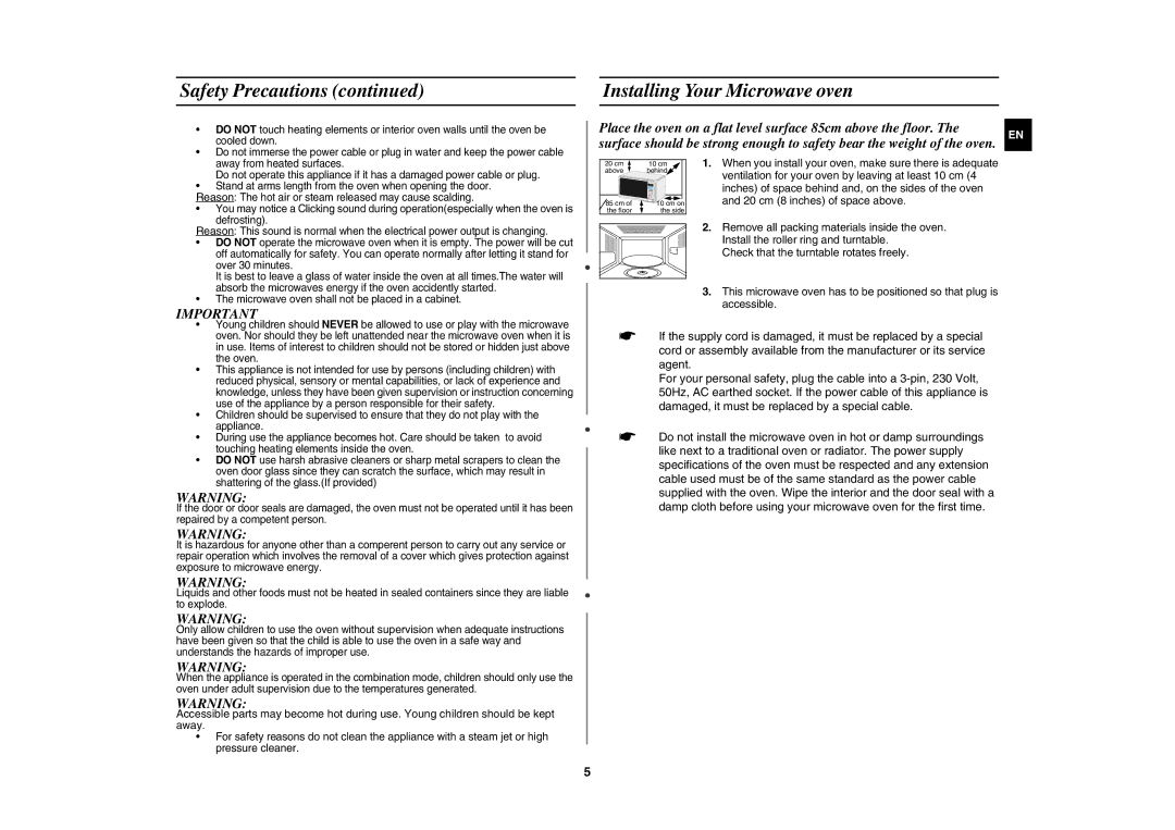 Samsung GW73E-WB/BOL, GW73E-WB/GEN, GW73E-WB/XEH manual Installing Your Microwave oven 