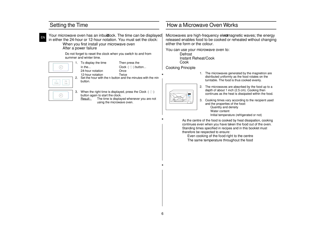 Samsung GW73E-WB/GEN, GW73E-WB/XEH, GW73E-WB/BOL manual Setting the Time How a Microwave Oven Works 