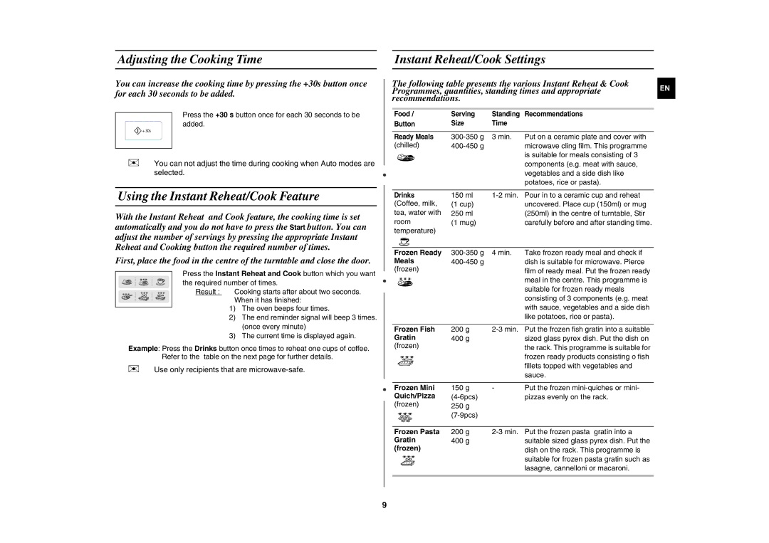 Samsung GW73E-WB/GEN manual Adjusting the Cooking Time Instant Reheat/Cook Settings, Using the Instant Reheat/Cook Feature 