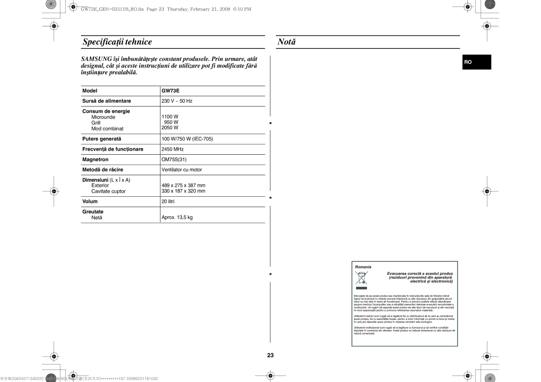 Samsung GW73E-WB/BOL, GW73E-WB/GEN, GW73E-WB/XEH manual Specifica ţii tehnice Not ă 