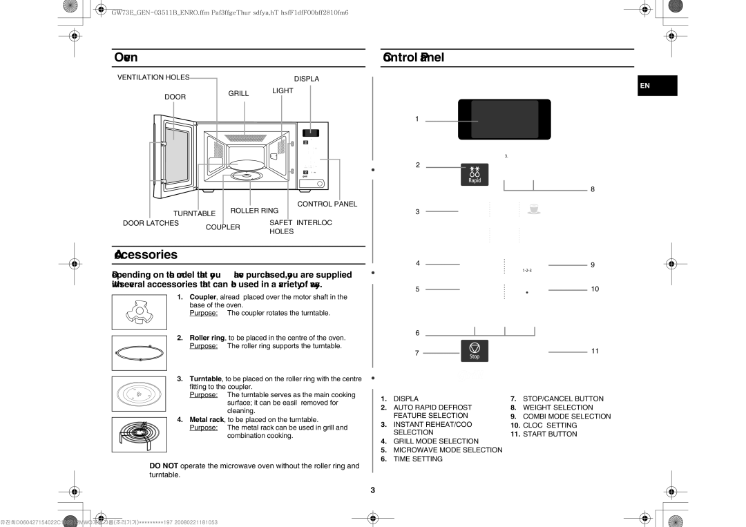 Samsung GW73E-WB/GEN, GW73E-WB/XEH, GW73E-WB/BOL manual Oven Control Panel, Accessories 