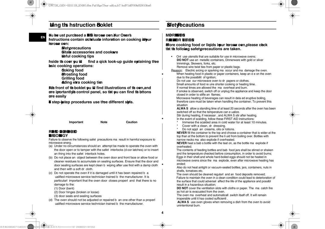 Samsung GW73E-WB/XEH, GW73E-WB/GEN, GW73E-WB/BOL Using this Instruction Booklet Safety Precautions, Important NoteCaution 