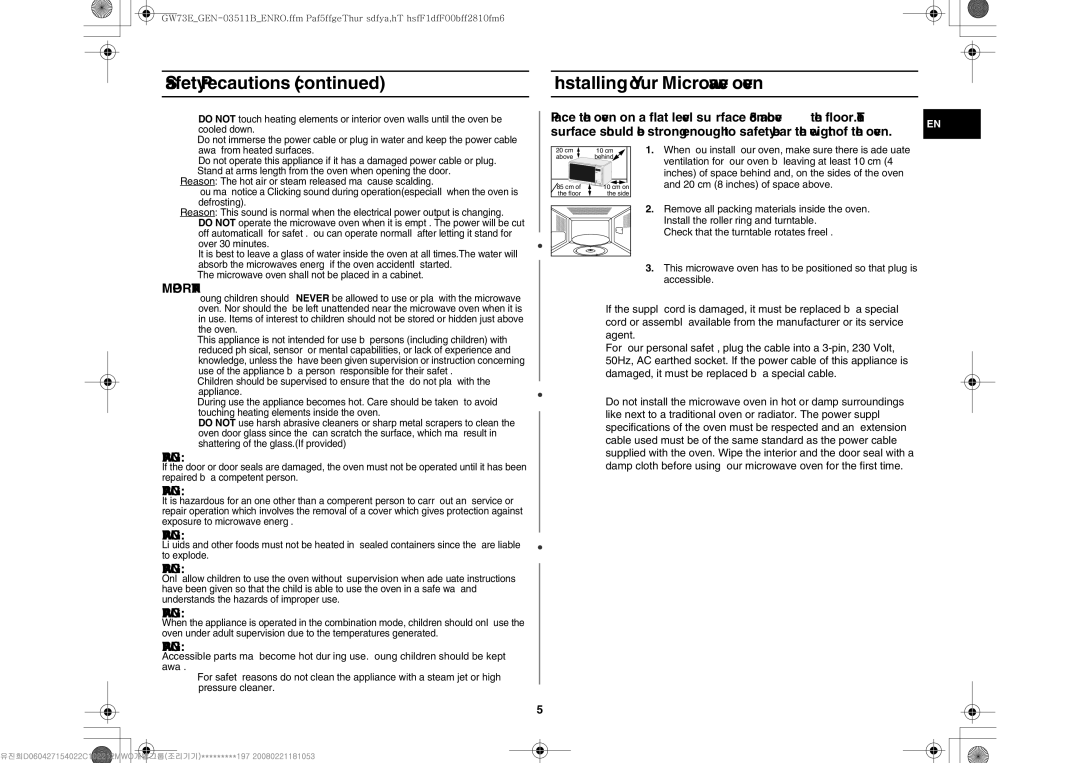 Samsung GW73E-WB/BOL, GW73E-WB/GEN, GW73E-WB/XEH manual Safety Precautions Installing Your Microwave oven 