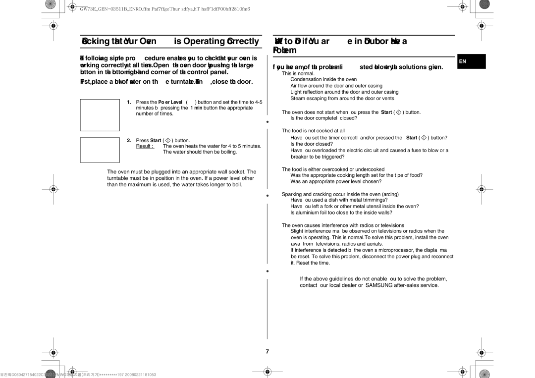 Samsung GW73E-WB/XEH Checking that Your Oven is Operating Correctly, What to Do if You are in Doubt or Have a Problem 